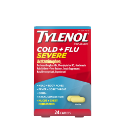 A package of TYLENOL® Cold + Flu Severe caplets with acetaminophen.