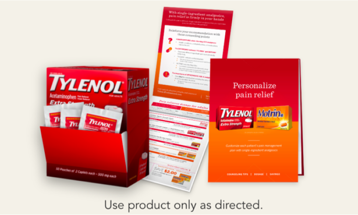 Box of TYLENOL® samples and TYLENOL® and MOTRIN® patient education resources.