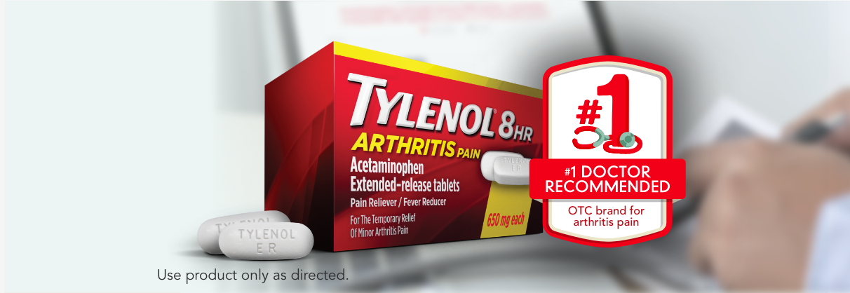 Package of TYLENOL® 8 Hour Arthritis Pain and a #1 Doctor Recommended seal in front of a desk.