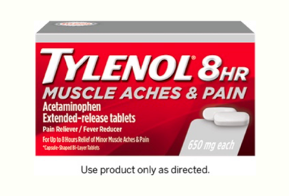 A package of TYLENOL® 8HR Muscle Aches & Pain tablets for adult pain relief and fever reduction.