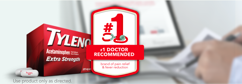 Package of TYLENOL® Extra Strength Caplets and a #1 Doctor Recommended seal in front of a desk.