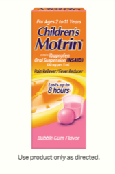 A package of Children’s MOTRIN® bubblegum-flavored liquid for pain relief and fever reduction.