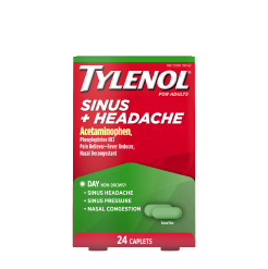 A package of TYLENOL® Sinus + Headache caplets with acetaminophen.