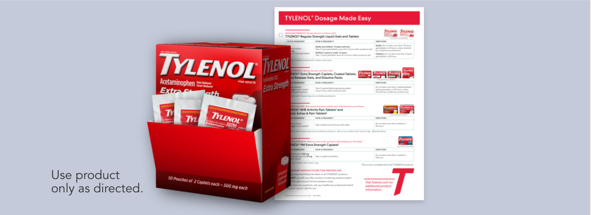 Box of TYLENOL® patient samples and a TYLENOL® acetaminophen dosage guide printout.