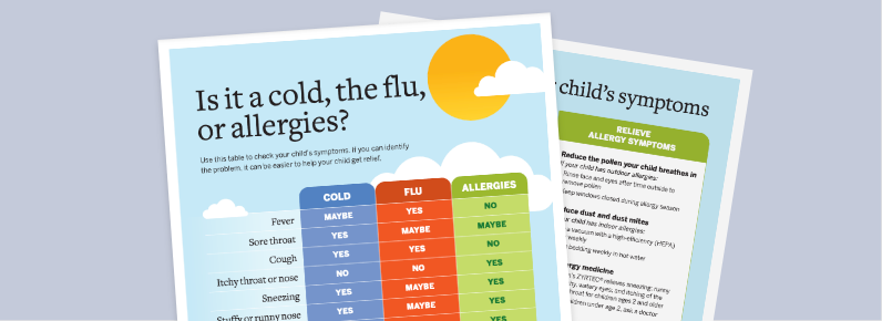 Pediatric cold, flu, and allergy symptom chart PDF.