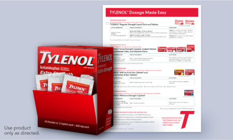 Box of TYLENOL® patient samples and a TYLENOL® acetaminophen dosage guide printout.