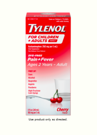 A package of TYLENOL® Family, Children & Adults Oral Suspension pain and fever liquid.