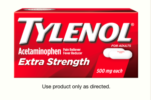 A package of TYLENOL® Extra Strength Caplets for pain relief and fever reduction in adults.