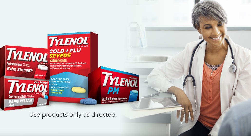 The TYLENOL® line of products for pain relief and fever reduction, and a doctor smiling at a patient.