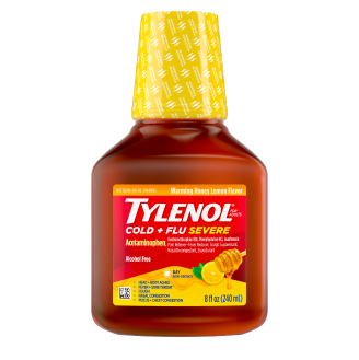 A package of TYLENOL® Cold + Flu Severe Day Liquid medicine.