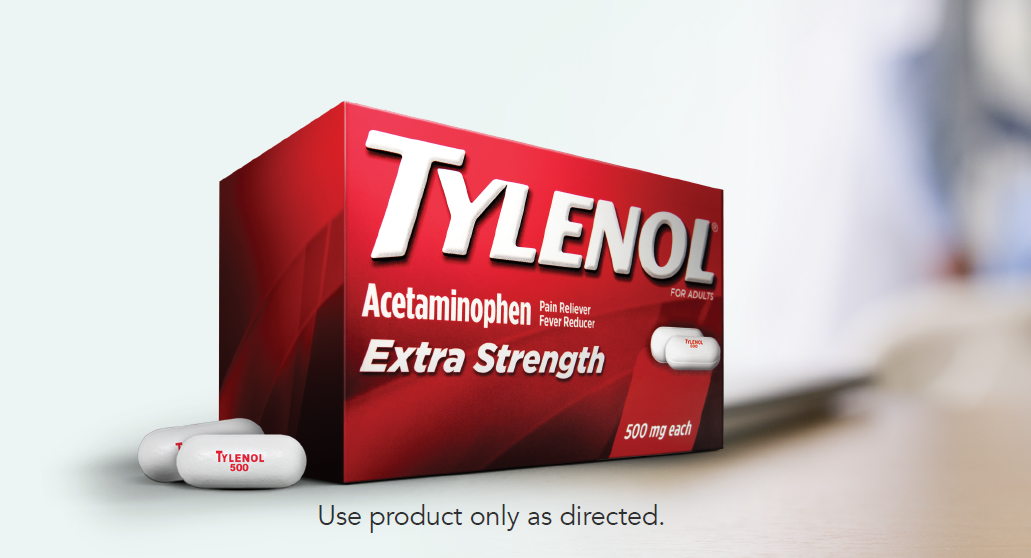 Box of TYLENOL® Extra Strength Pain Relief Caplets with acetaminophen, and a stethoscope.