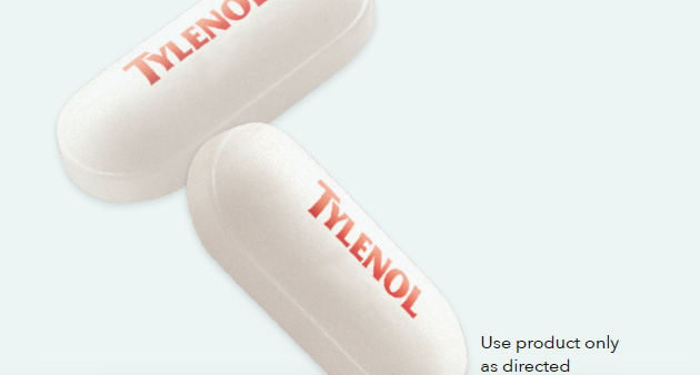 Closeup of two TYLENOL® Extra Strength Caplets with acetaminophen – Use product only as directed. 