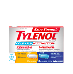 A package of Extra Strength TYLENOL® Cold + Flu Multi-Action Day & Night caplets.