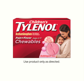 A package of Children’s TYLENOL® bubblegum flavored Chewables for pain relief and fever reduction.