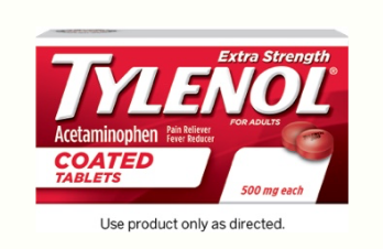 A package of TYLENOL® Extra Strength Coated Tablets for pain relief & fever reduction in adults.