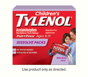 A package of wild berry Children’s TYLENOL® Dissolve Packs for pain relief and fever reduction.