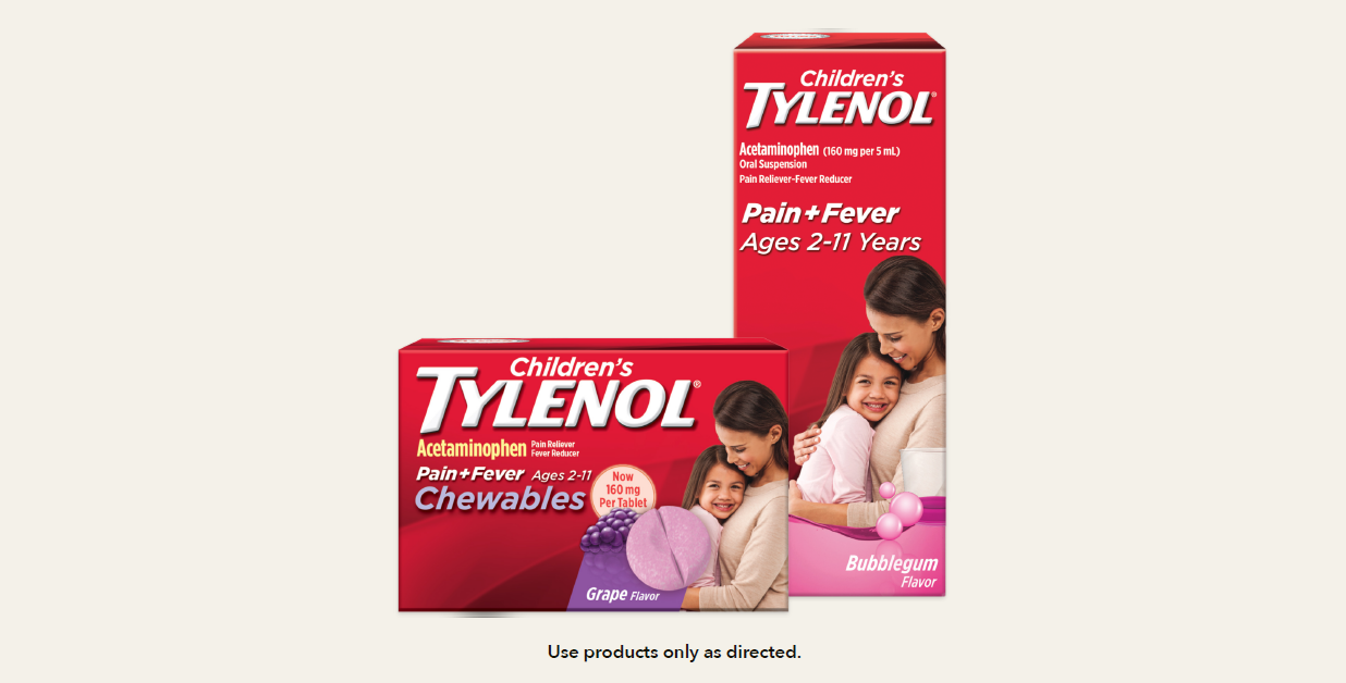 Packages of Children’s TYLENOL® Grape Chewables and Children’s TYLENOL® Bubblegum Oral suspension.