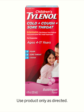 Children’s TYLENOL® Cold, Cough & Sore Throat bubblegum-flavored liquid for pain & cold relief.