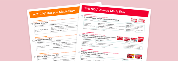 Dosage charts for MOTRIN® and TYLENOL® pain relief products.