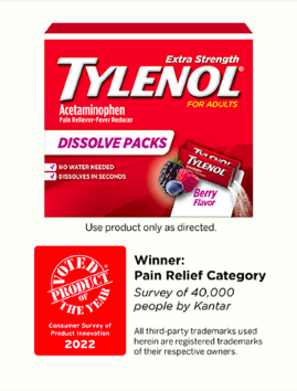 A package of TYLENOL® Extra Strength Dissolve Packs for pain relief & fever reduction in adults.