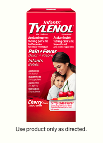 A package of cherry flavored Infants’ TYLENOL® Liquid for infant pain relief and fever reduction.