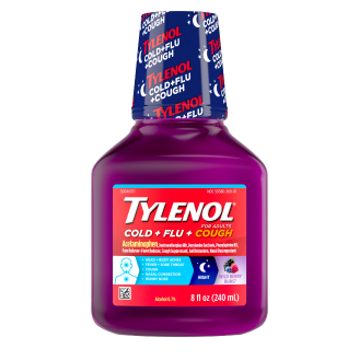 A package of TYLENOL® Cold + Flu + Cough Nighttime Liquid medicine.