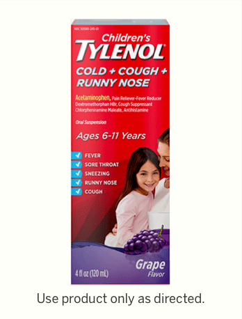 Children’s TYLENOL® Cold, Cough & Runny Nose grape-flavored liquid for pain and fever relief.