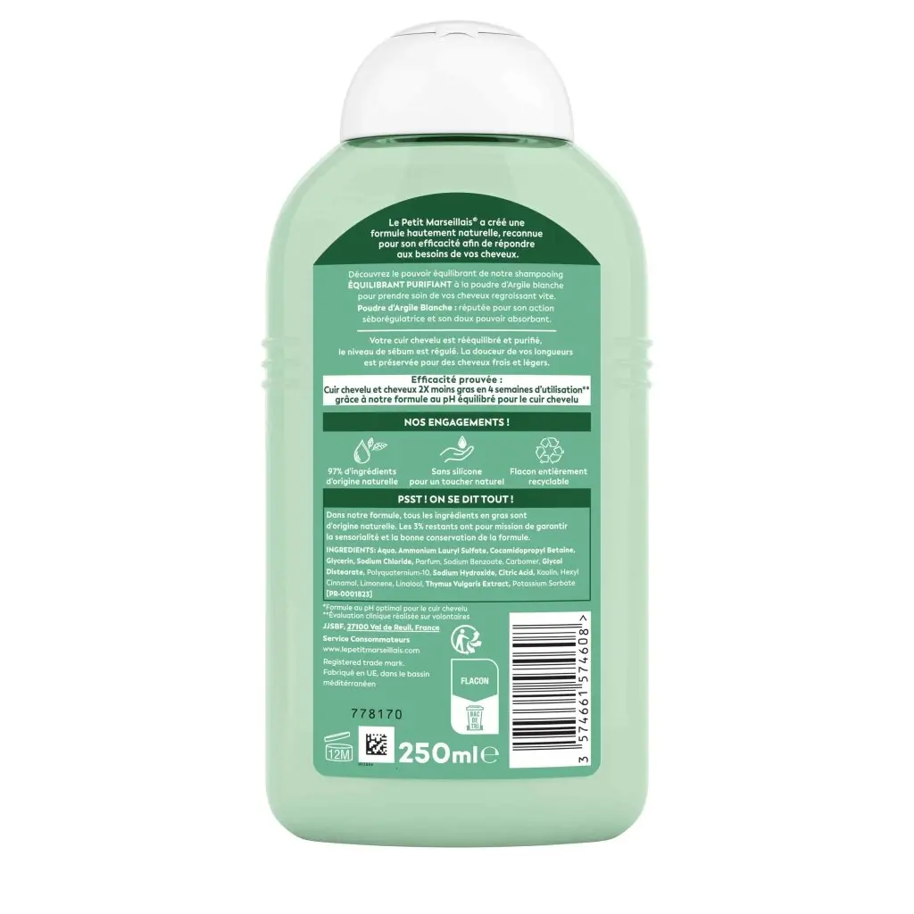 Shampooing Équilibrant Purifiant à la poudre d’Argile Blanche - Image 2 - Le Petit Marseillais - fr-FR