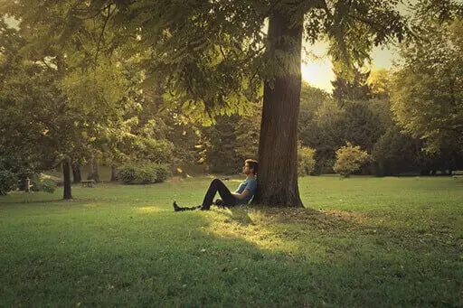 Un homme se repose appuyé contre un arbre