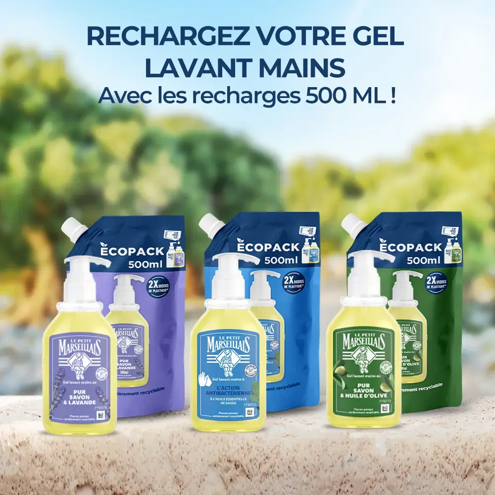 Tout le plaisir de nos Gels lavants mains en format recharge