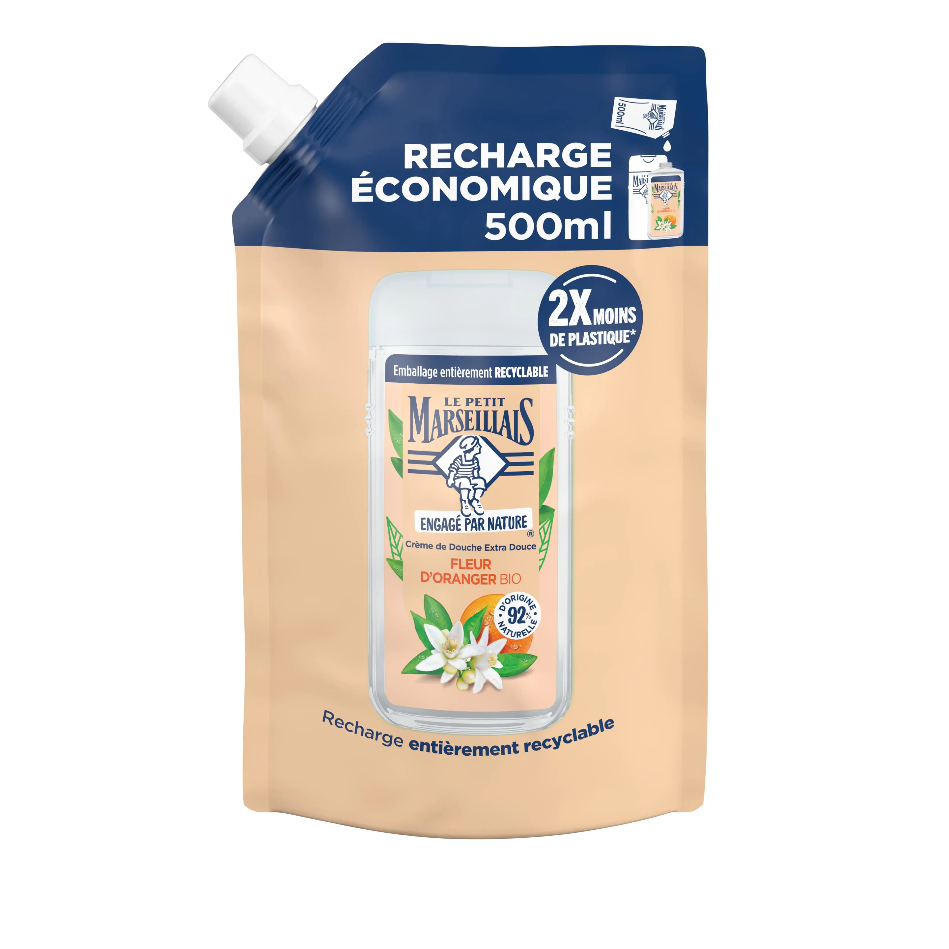 Bouteille de gel douche Le Petit Marseillais à la Fleur d'Oranger.