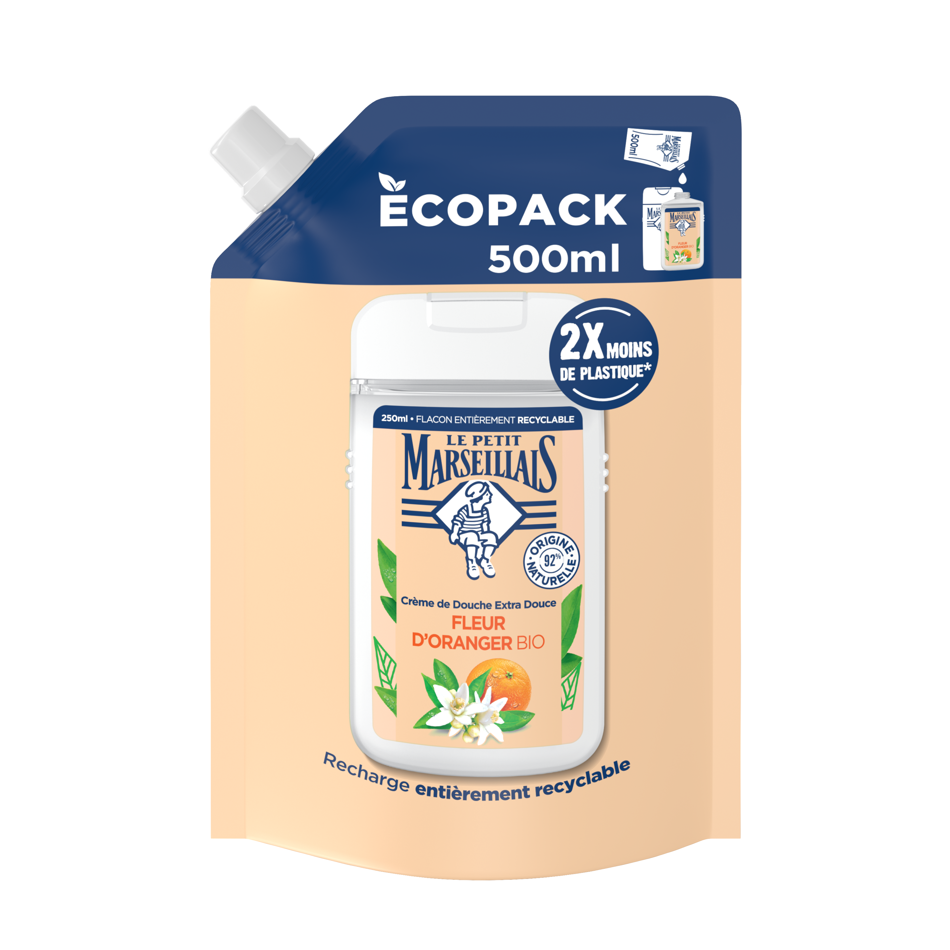 Bouteille de gel douche Le Petit Marseillais à la Fleur d'Oranger.