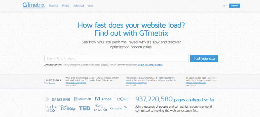 قياس سرعة تحميل المدونة بإستخدام موقع Gt Metrics