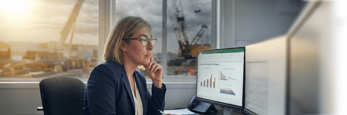 A financial analyst reviews reports on her computer. In the background, her office overlooks an active construction project with gloomy clouds in the distance.