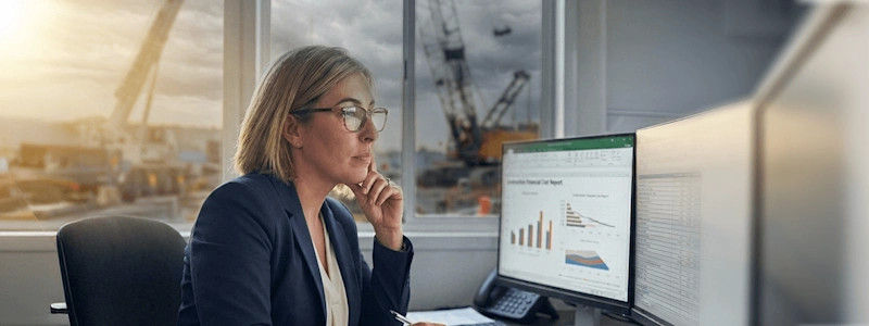 A financial analyst reviews reports on her computer. In the background, her office overlooks an active construction project with gloomy clouds in the distance.