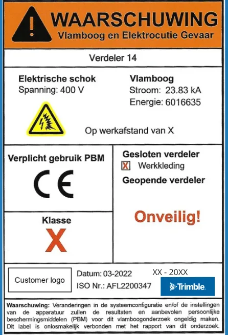 Safety label for electrical equipment with warnings for arc flash and electrocution hazards.