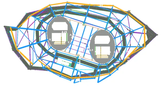 Top-down view of a complex structural engineering model showing two large oval shapes with internal bracing and an external polygonal framework.