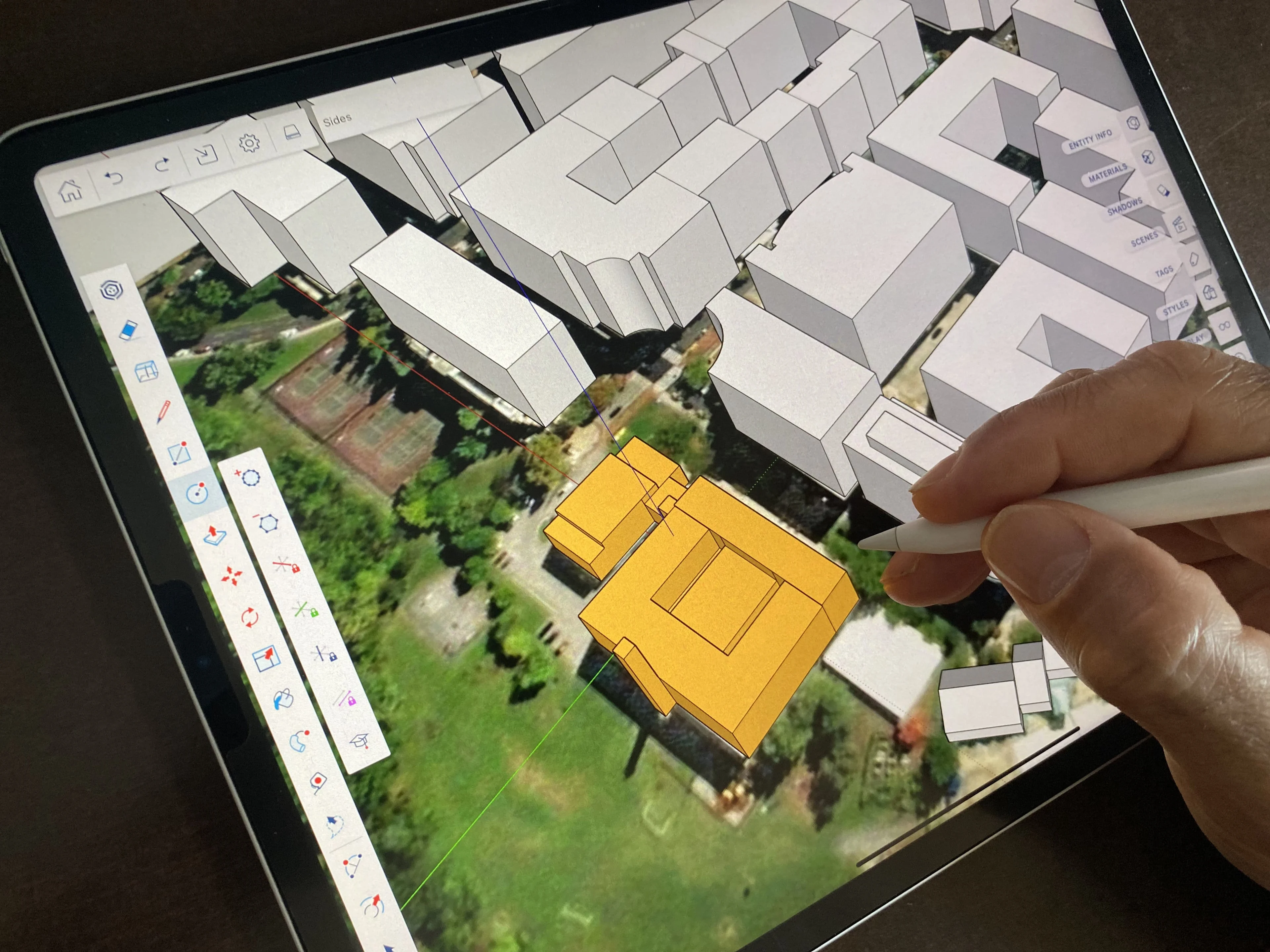 SketchUp で作成され、ジオロケーションされたマス モデル。画像提供: Perkins Eastman 社。