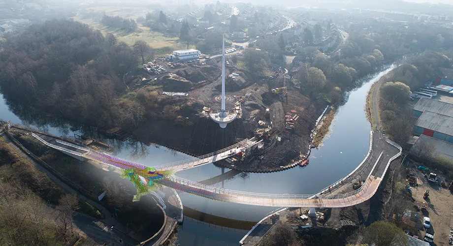 Stockingfield Footbridge overlayed with image created in Tekla Structures