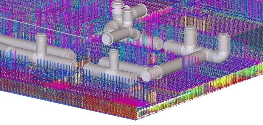 BIM model showing complicated rebar and a series of underground tunnels weaved between the rebar connecting the structures