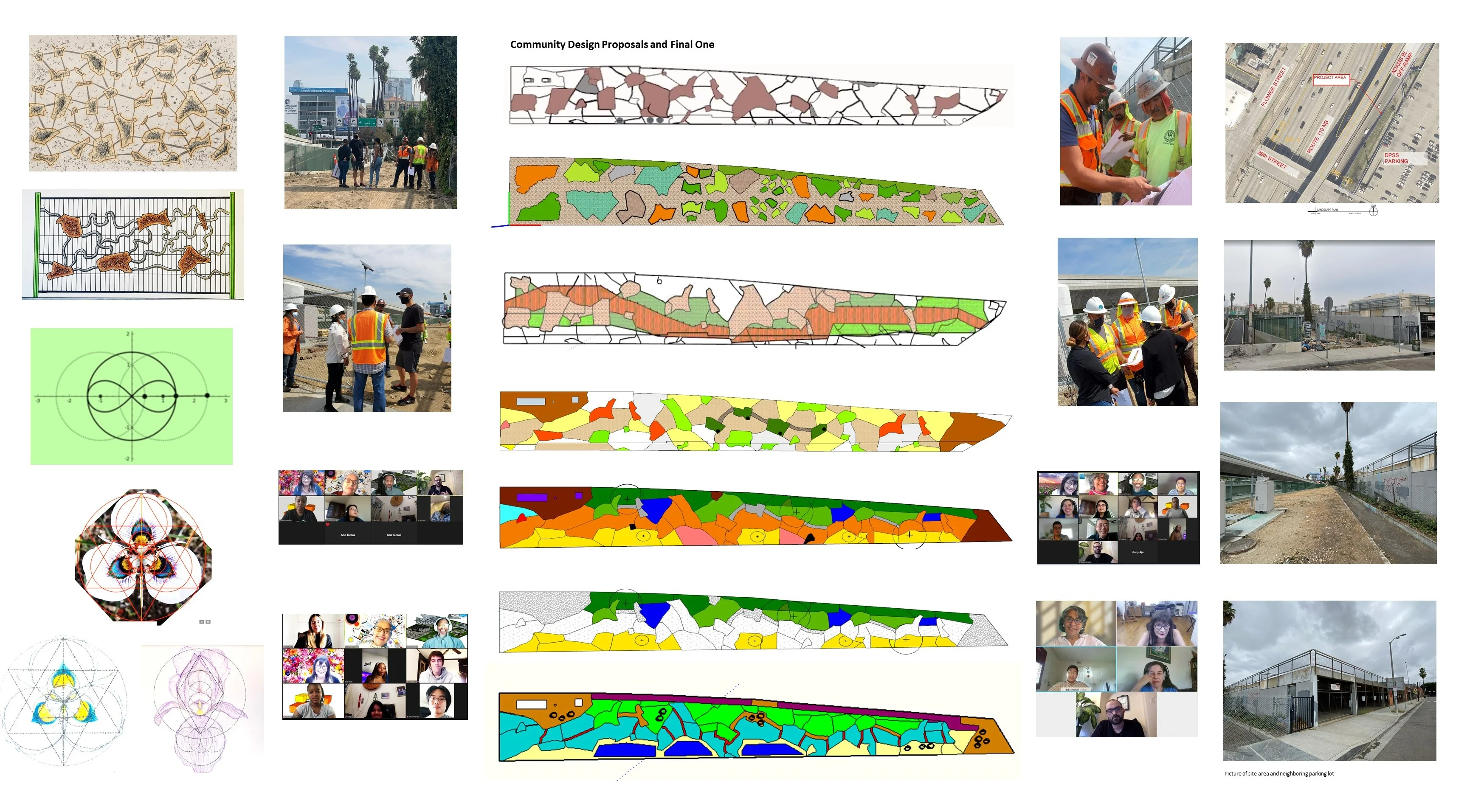 Board of conceptual drawings and construction photos