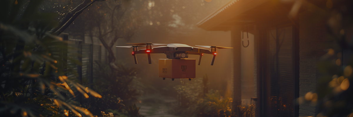 An autonomous drone delivers a package to a home, navigating the narrow space between dense foliage and the residence.