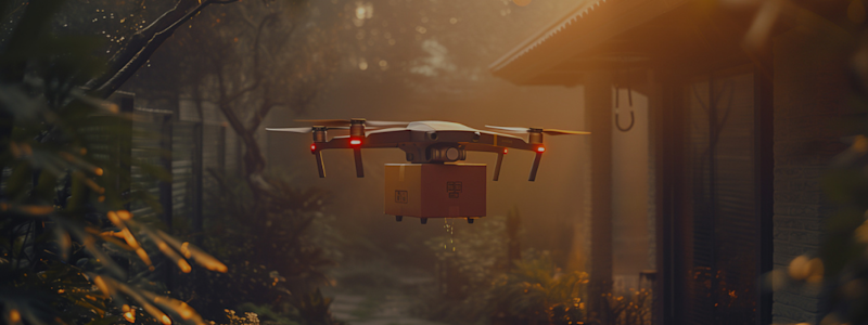 An autonomous drone delivers a package to a home, navigating the narrow space between dense foliage and the residence.