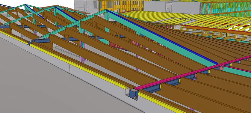 3D rendering of a building's roof structure, showcasing wooden beams and metal supports.