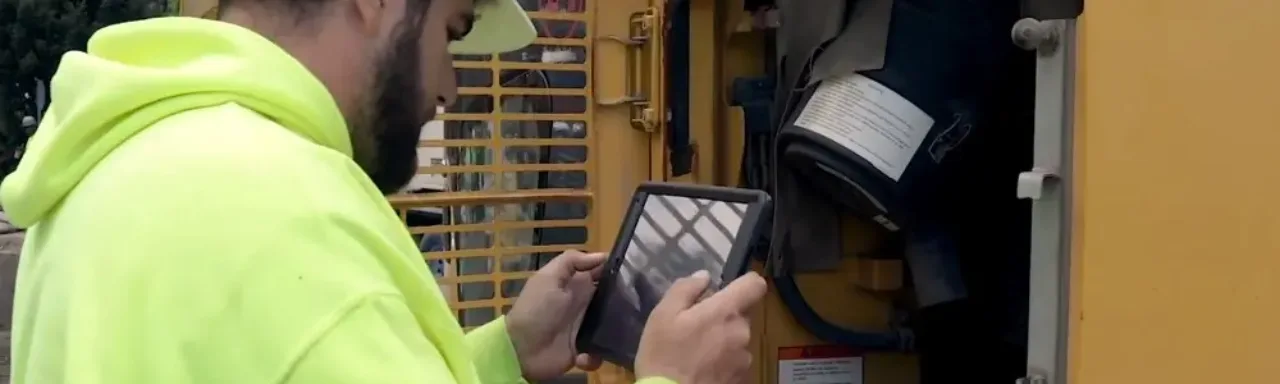 Construction worker using tablet to use B2W mobile apps in the field