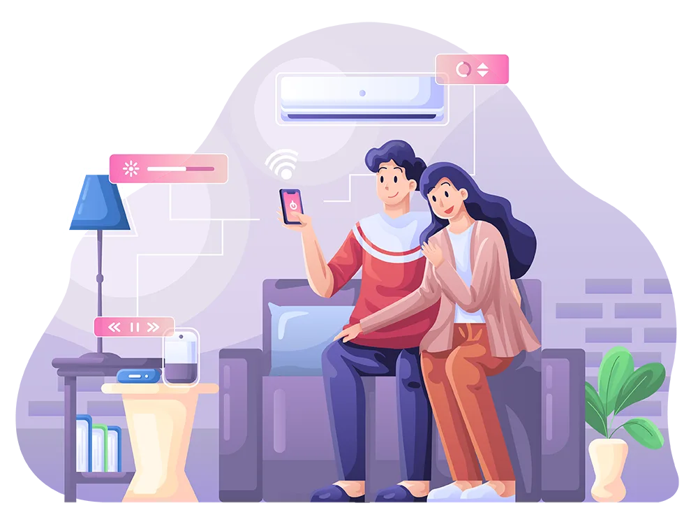 A couple is relaxing on a couch, using a smartphone to control smart home devices like an air conditioner, lamp, and speaker.