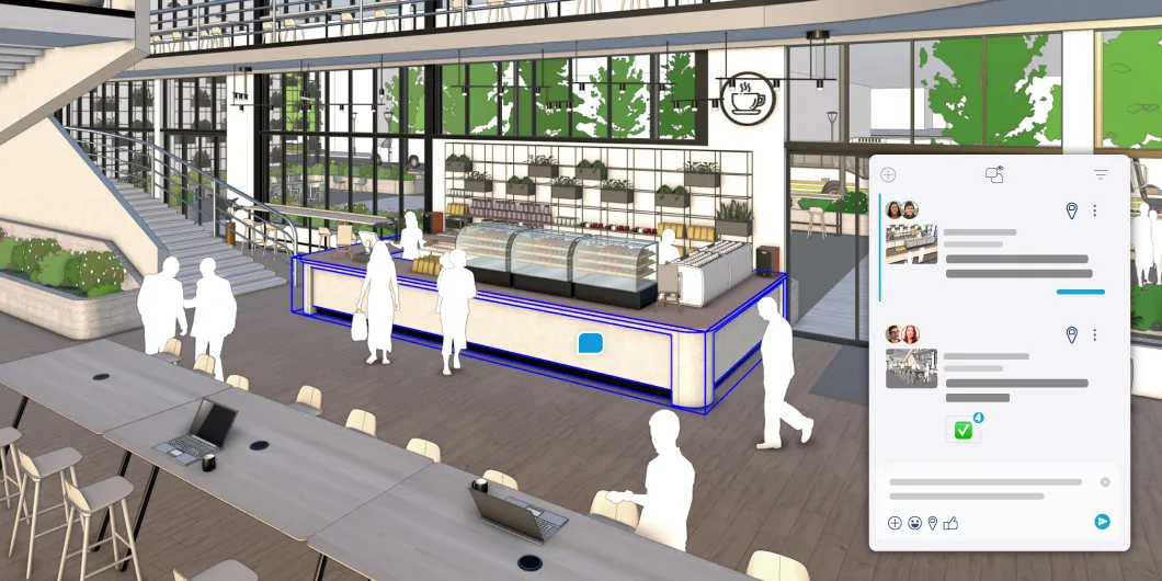 새로운 인앱 댓글 달기 기능이 강조 표시된 SketchUp 모델과 댓글이 표시된 패널의 화면 캡처본.
