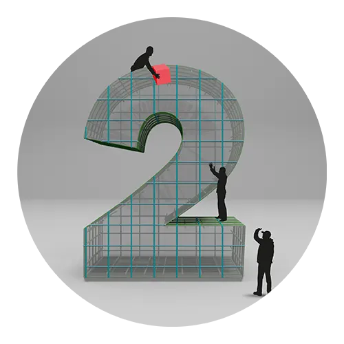 Circular infographic. A precast number 2 with silhouette of people passing data slowly down to the manufacturing process