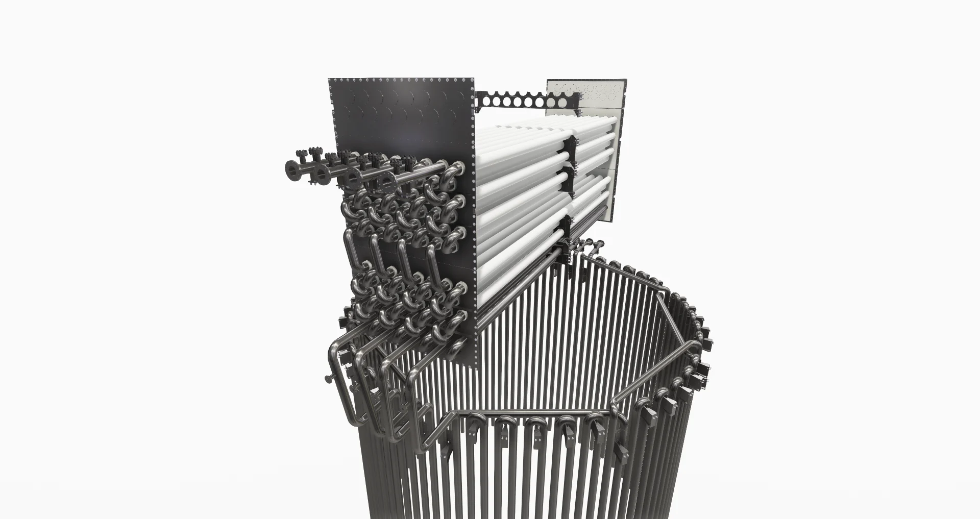 A 3D render of a heat exchanger with stacked horizontal tubes above a hexagonal array of vertical tubes.