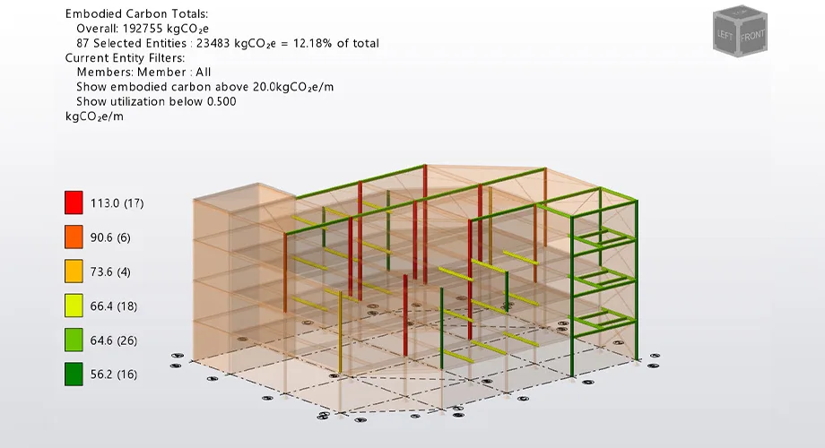 View of lowest utilisations alongside the highest carbon members in Tekla Structural Designer
